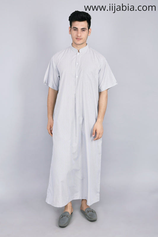 Saudi Collar Mens Thobe - Half Sleeves - Collar Grey Stripes