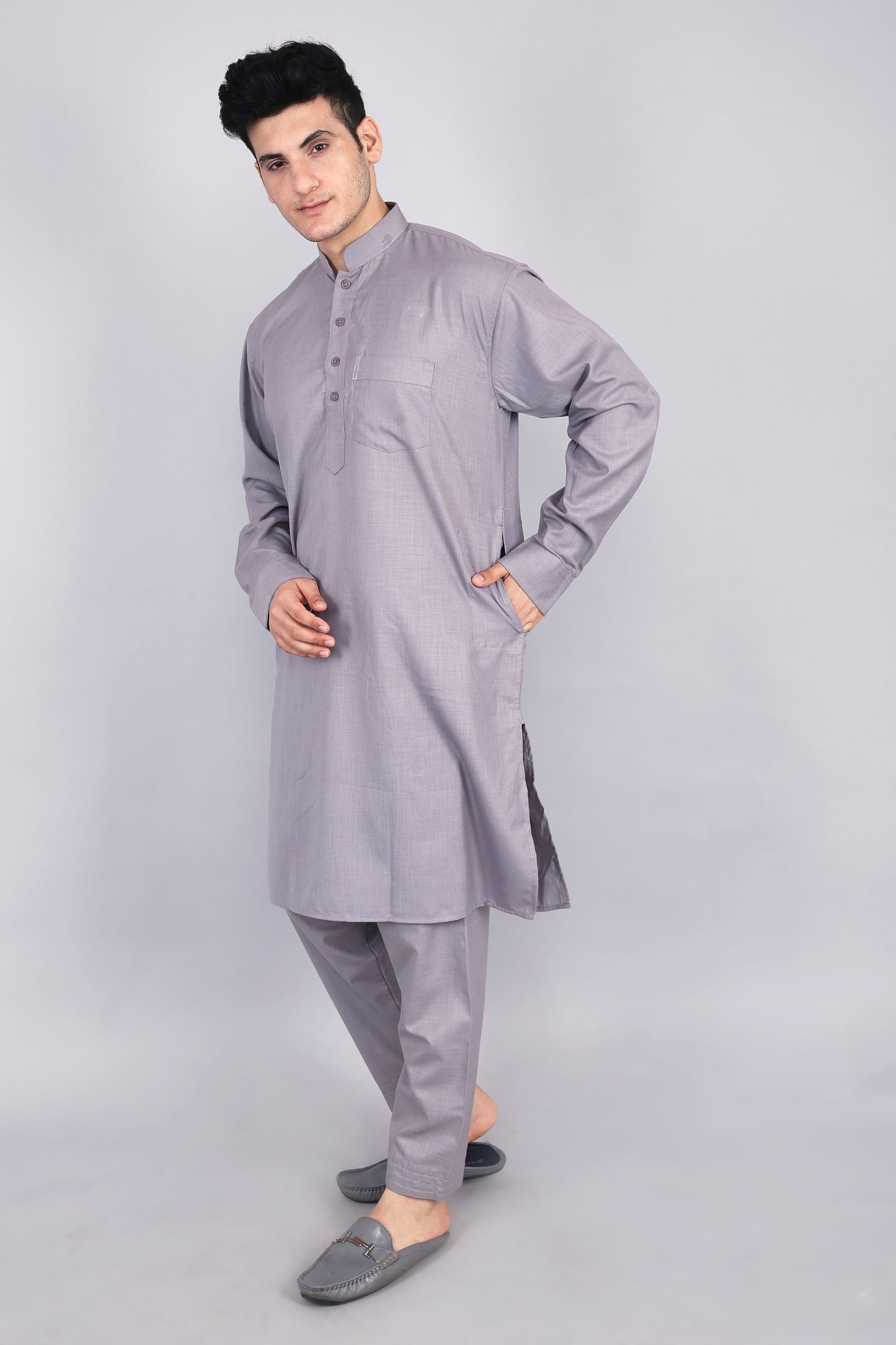 Mens Grey Kurta and Pyjama Set