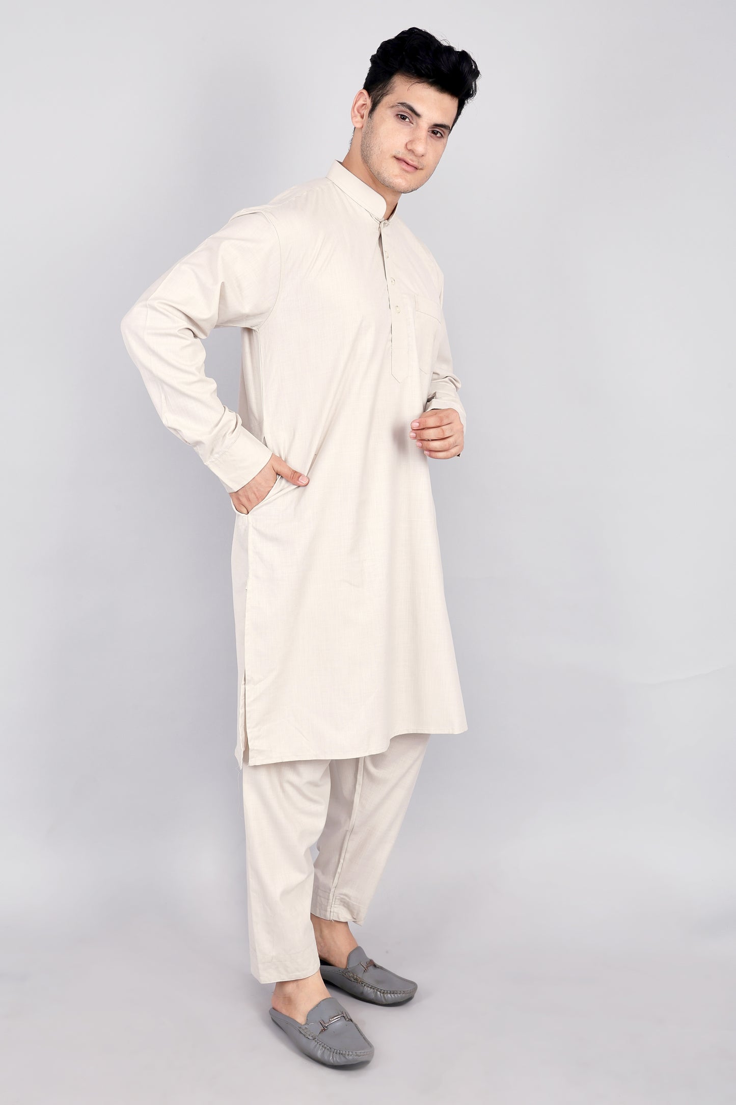 Mens Cream Kurta and Pyjama Set