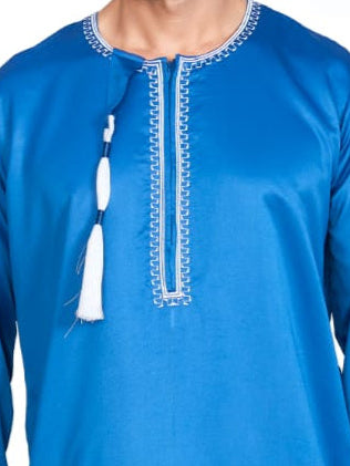 Full Sleeves Omani Men's Thobe - Khalifa - Indian Shiny Fabric - Royal Blue