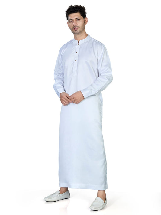 Full Sleeves Collar Men's Thobe with Buttons - Indian Shiny Fabric - White