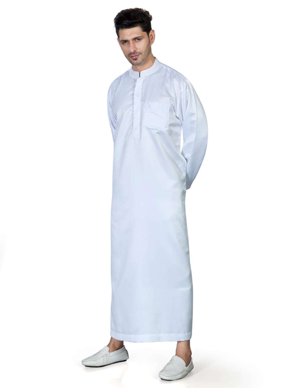 Full Sleeves Collar Men's Thobe - Indian Shiny Fabric - White