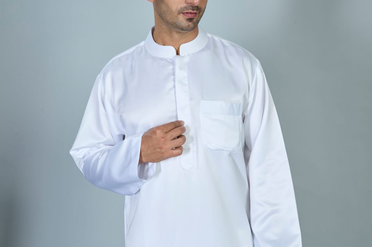 Full Sleeves Collar Men's Thobe - Indian Shiny Fabric - White