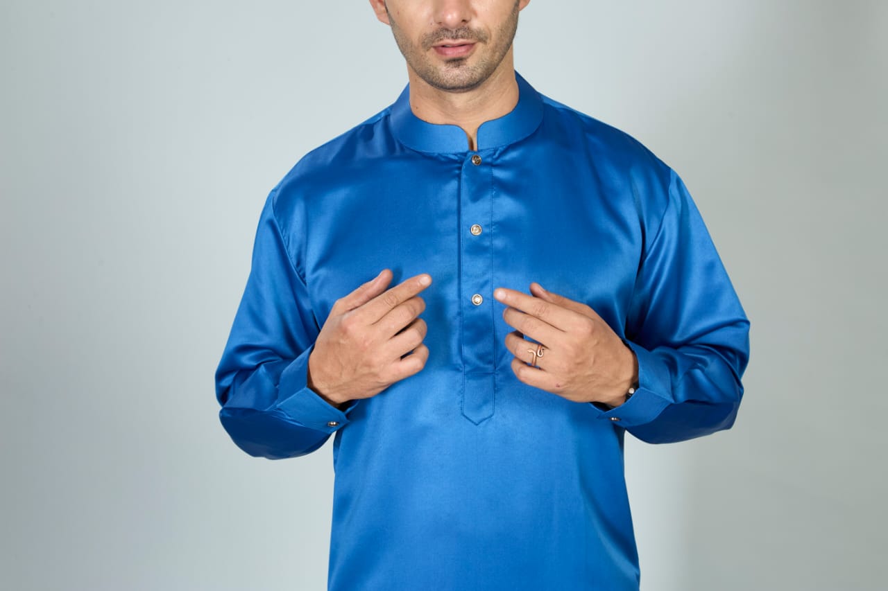 Full Sleeves Collar Men's Thobe with Buttons - Indian Shiny Fabric - Royal Blue