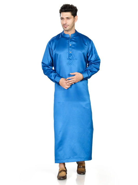 Full Sleeves Collar Men's Thobe with Buttons - Indian Shiny Fabric - Royal Blue