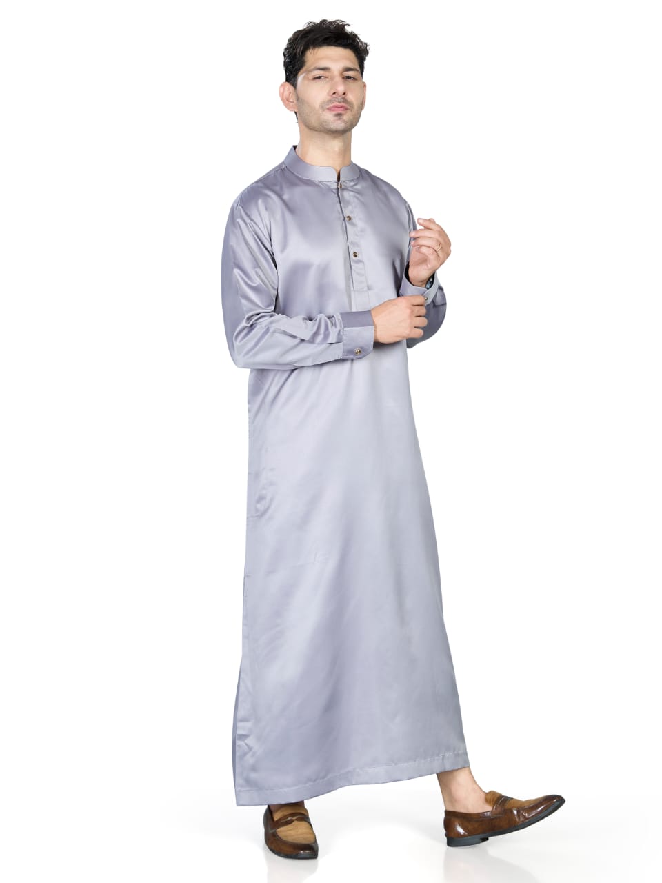 Full Sleeves Collar Men's Thobe with Buttons - Indian Shiny Fabric - Light Grey