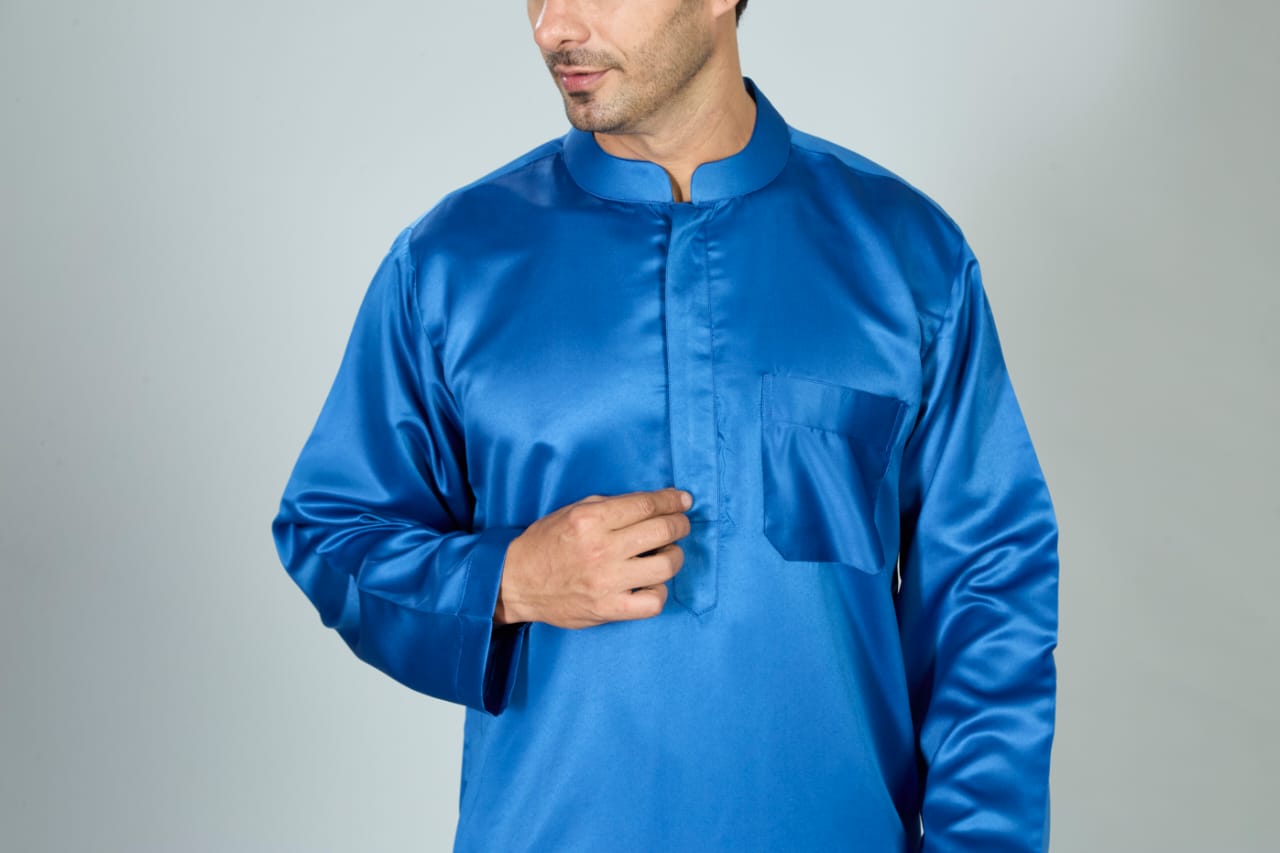 Full Sleeves Collar Men's Thobe - Indian Shiny Fabric - Royal Blue