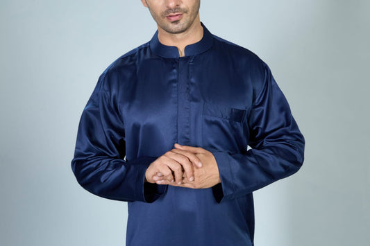 Full Sleeves Collar Men's Thobe - Indian Shiny Fabric - Navy Blue