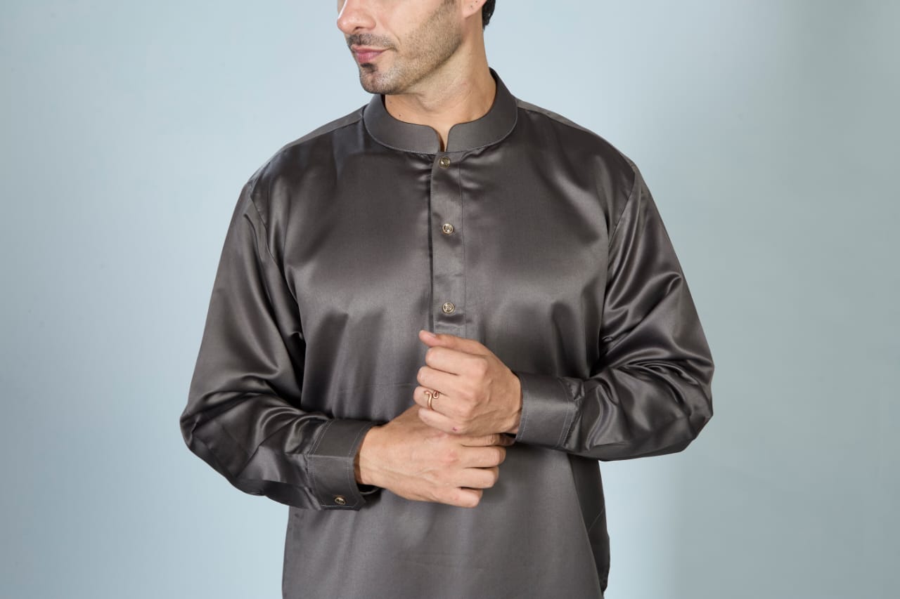 Full Sleeves Collar Men's Thobe with Buttons - Indian Shiny Fabric - Olive Green