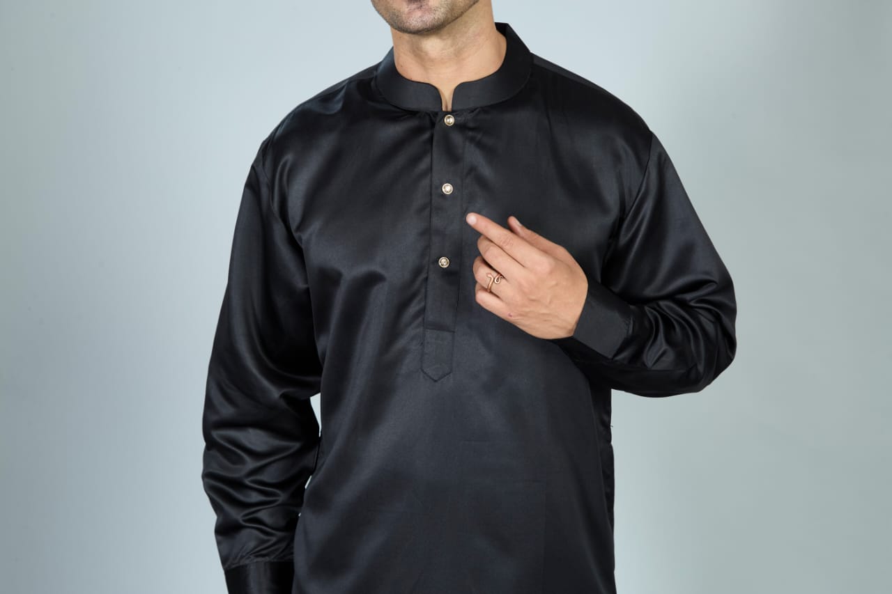 Full Sleeves Collar Men's Thobe with Buttons - Indian Shiny Fabric - Black