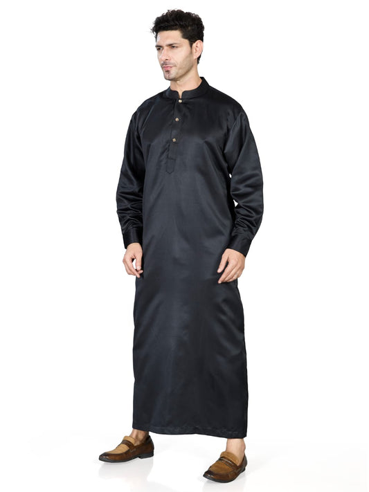 Full Sleeves Collar Men's Thobe with Buttons - Indian Shiny Fabric - Black