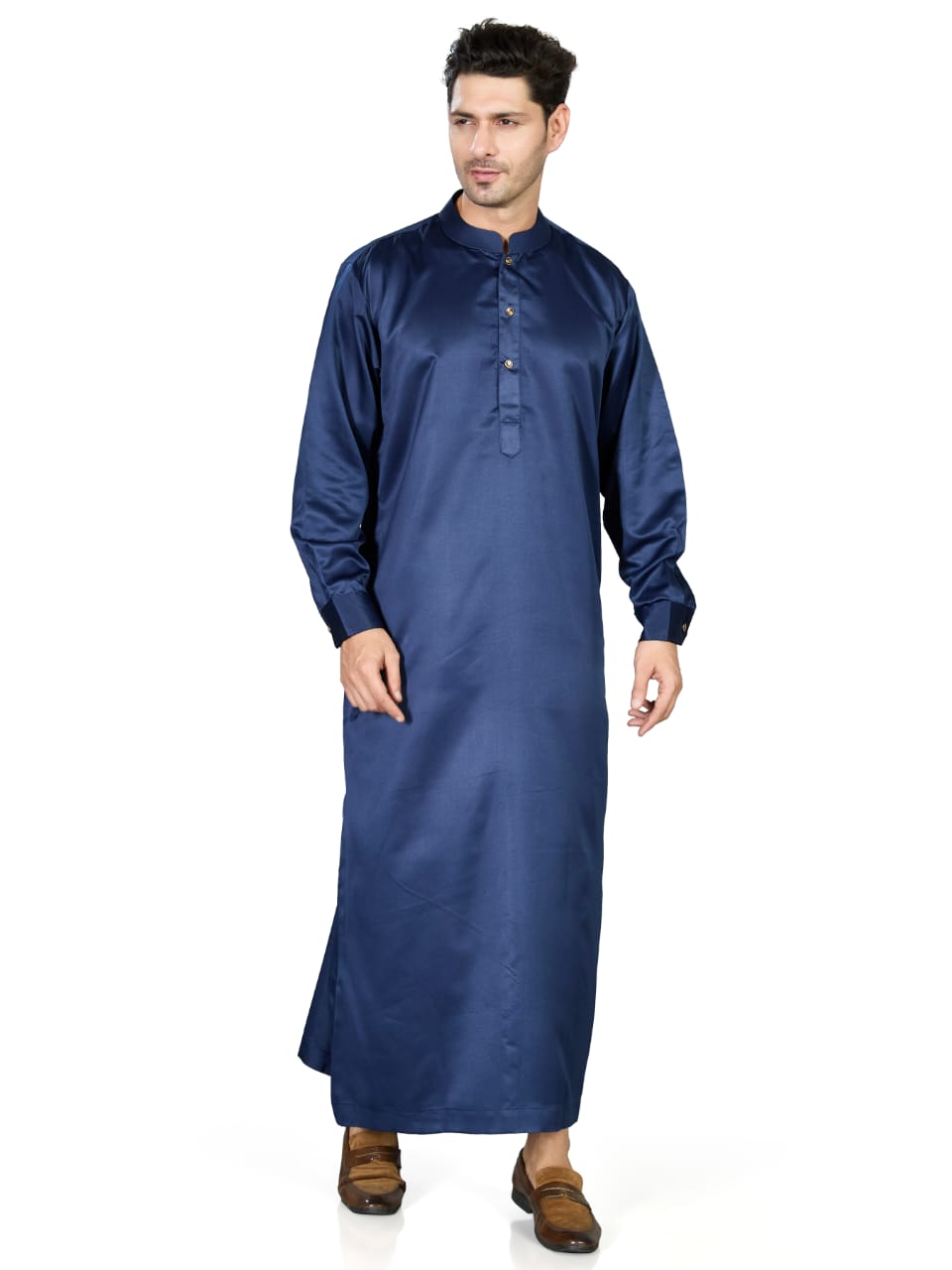 Full Sleeves Collar Men's Thobe with Buttons - Indian Shiny Fabric - Navy Blue