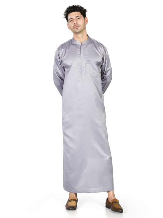 Full Sleeves Collar Men's Thobe - Indian Shiny Fabric - Light Grey