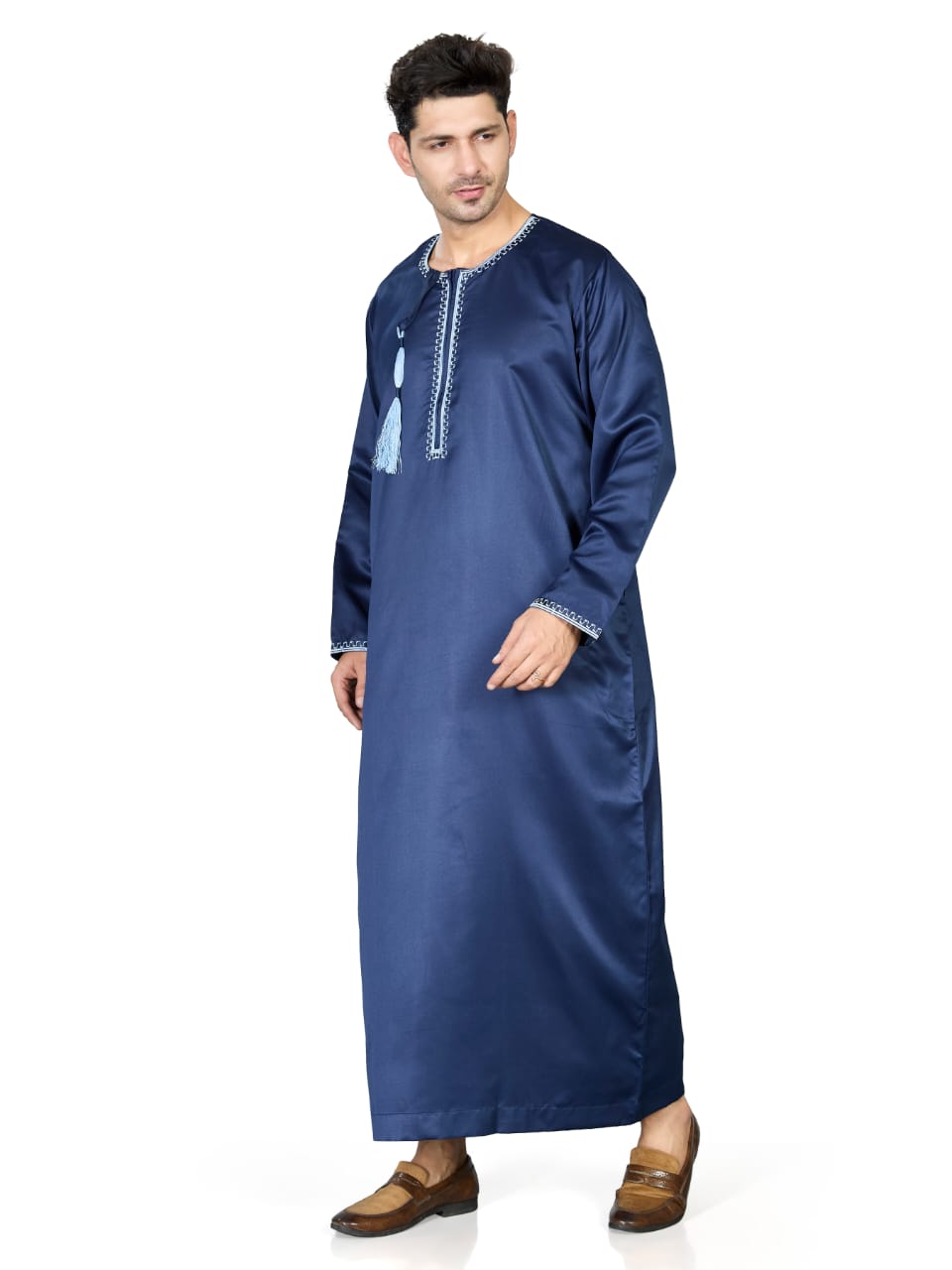 Full Sleeves Omani Men's Thobe - Khalifa - Indian Shiny Fabric - Navy Blue