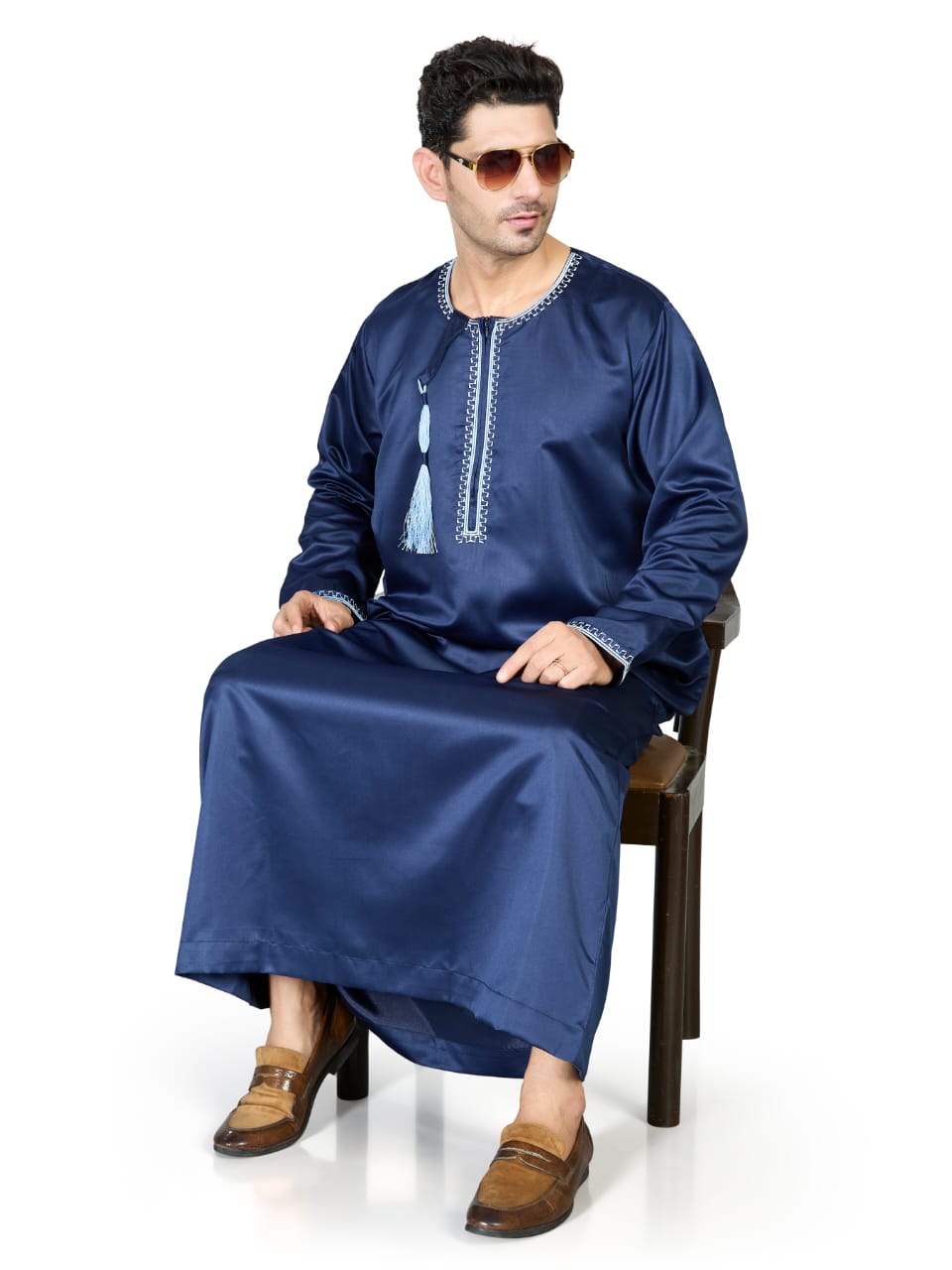 Full Sleeves Omani Men's Thobe - Khalifa - Indian Shiny Fabric - Navy Blue