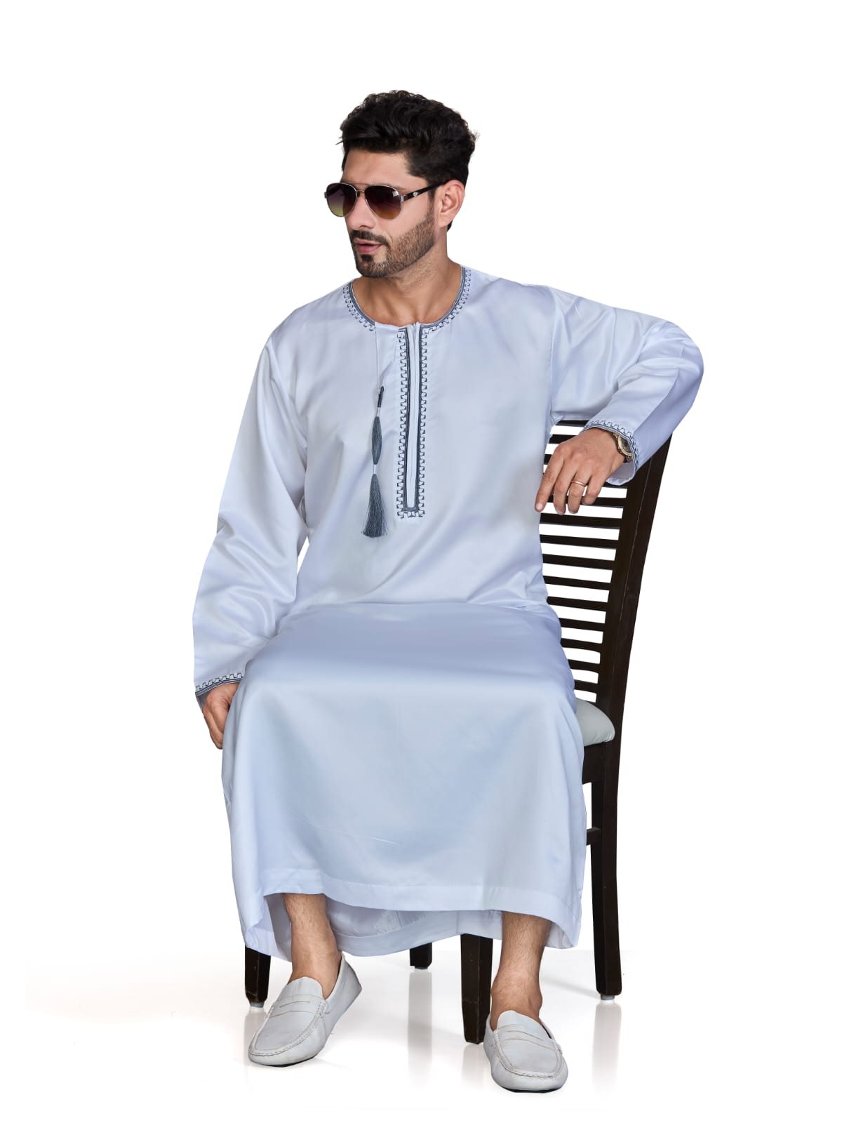 Full Sleeves Omani Men's Thobe - Khalifa - Indian Shiny Fabric - White