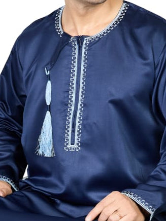 Full Sleeves Omani Men's Thobe - Khalifa - Indian Shiny Fabric - Navy Blue