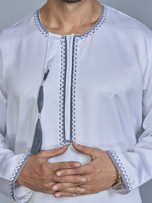 Full Sleeves Omani Men's Thobe - Khalifa - Indian Shiny Fabric - White