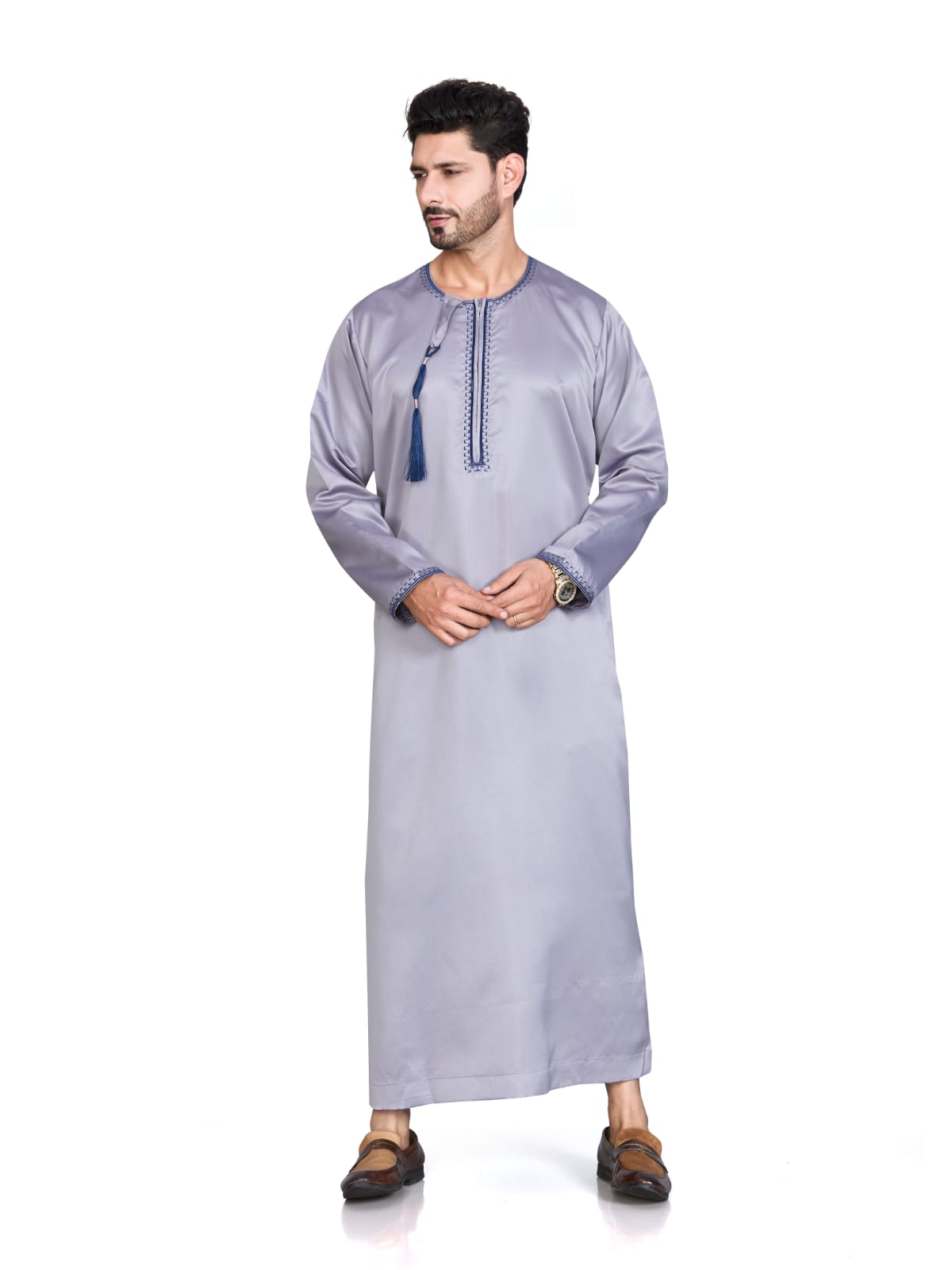 Full Sleeves Omani Men's Thobe - Khalifa - Indian Shiny Fabric - Grey