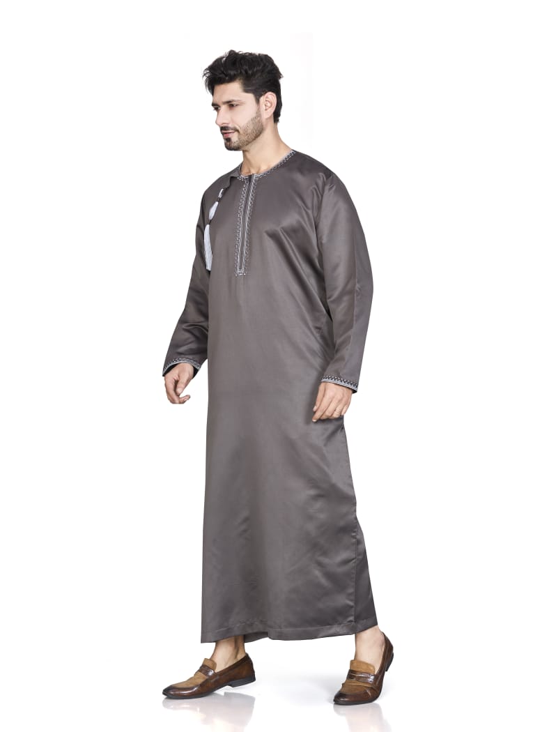 Full Sleeves Omani Men's Thobe - Khalifa - Indian Shiny Fabric - Olive Green