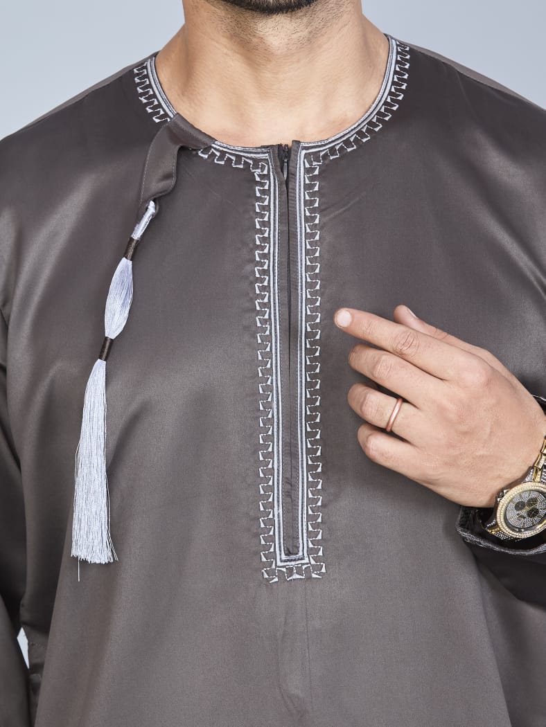 Full Sleeves Omani Men's Thobe - Khalifa - Indian Shiny Fabric - Olive Green