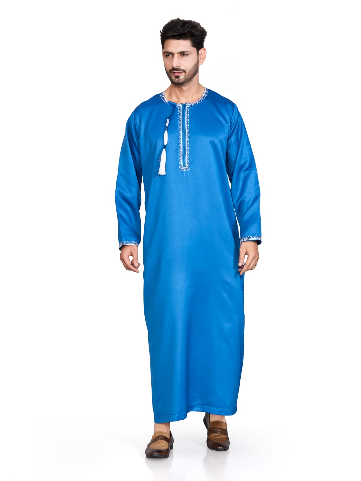 Full Sleeves Omani Men's Thobe - Khalifa - Indian Shiny Fabric - Royal Blue