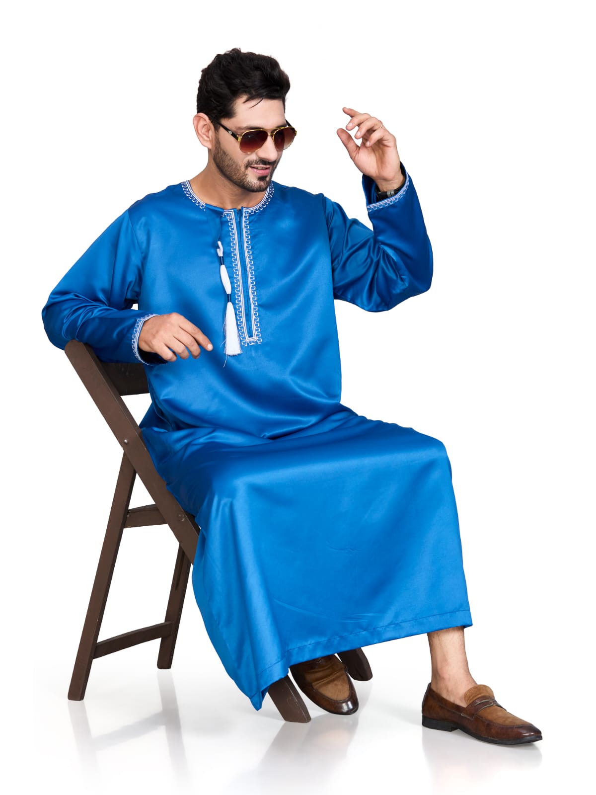 Full Sleeves Omani Men's Thobe - Khalifa - Indian Shiny Fabric - Royal Blue