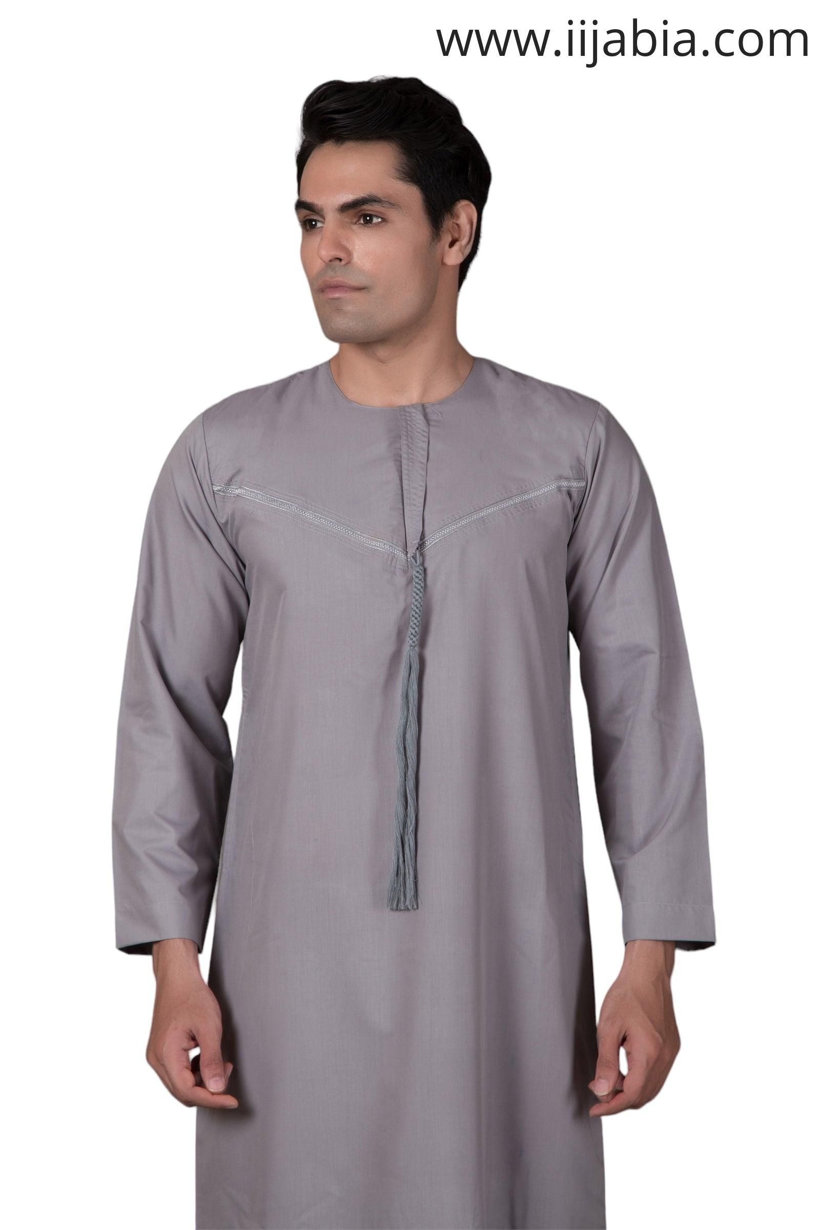 Emirati Mens Omani Thobe - Full Sleeves - Light Grey - IIJABIA