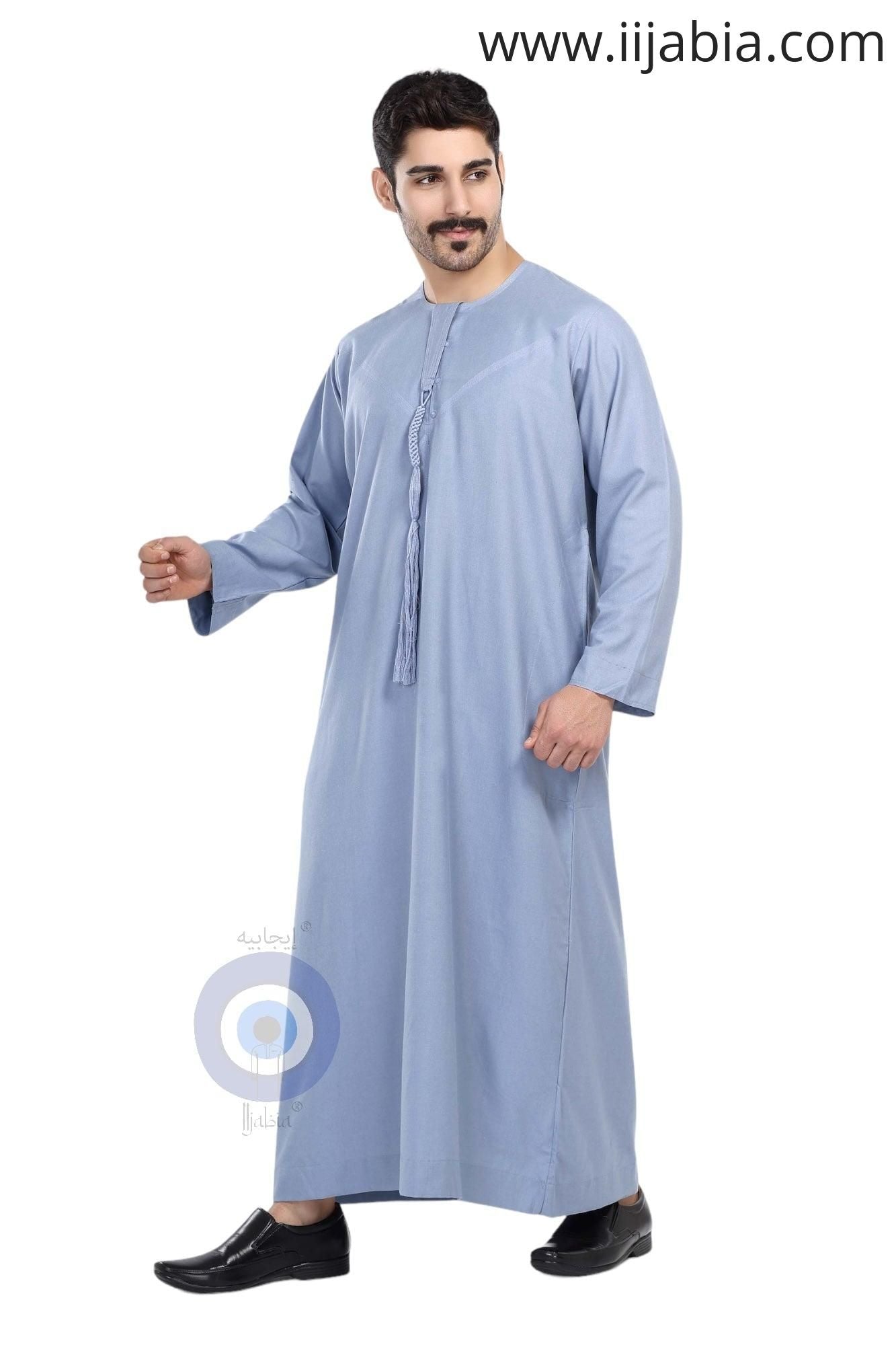 Heavy Fabric Emirati Mens Omani Thobe - Full Sleeves - Blue (International Saudi Size) - IIJABIA