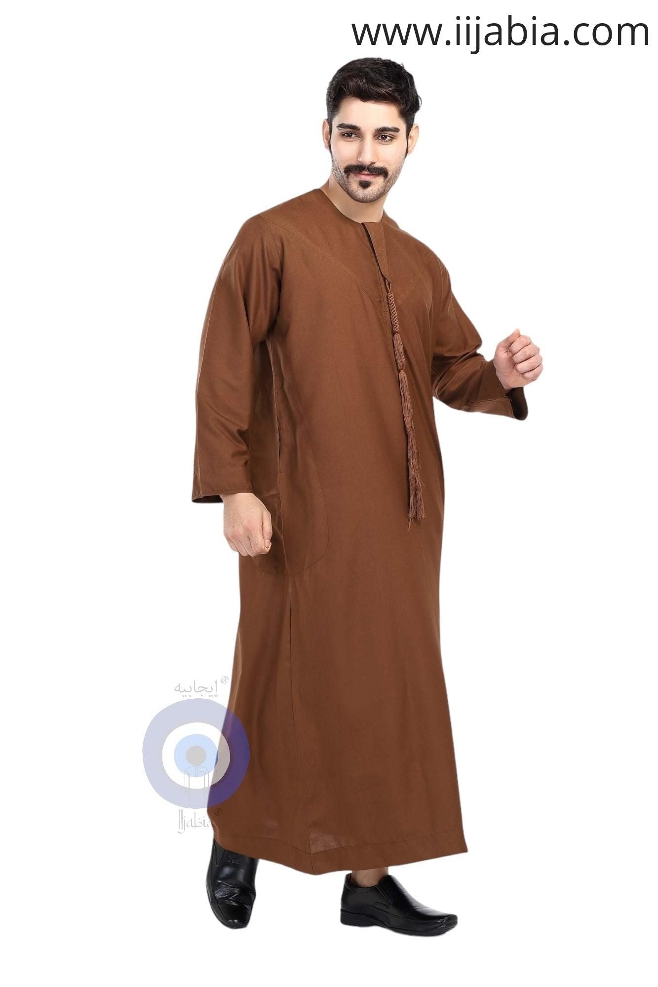 Heavy Fabric Emirati Mens Omani Thobe - Full Sleeves - Brown (International Saudi Size) - IIJABIA