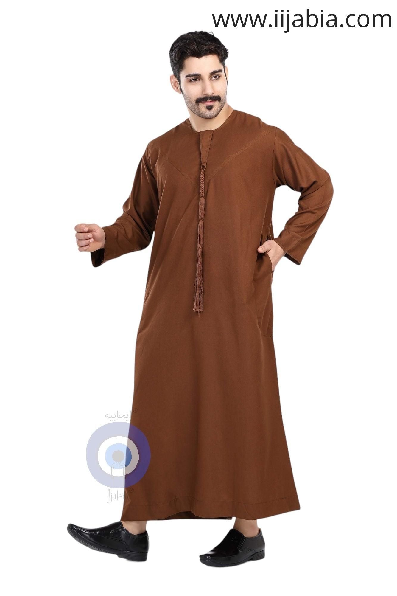 Heavy Fabric Emirati Mens Omani Thobe - Full Sleeves - Brown (International Saudi Size) - IIJABIA