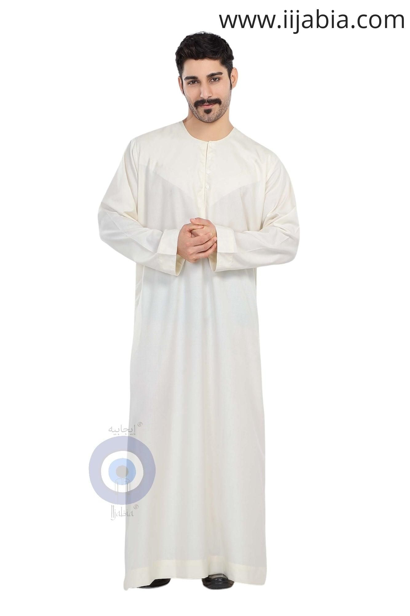 Heavy Fabric Emirati Mens Omani Thobe - Full Sleeves - Cream (International Saudi Size) - IIJABIA