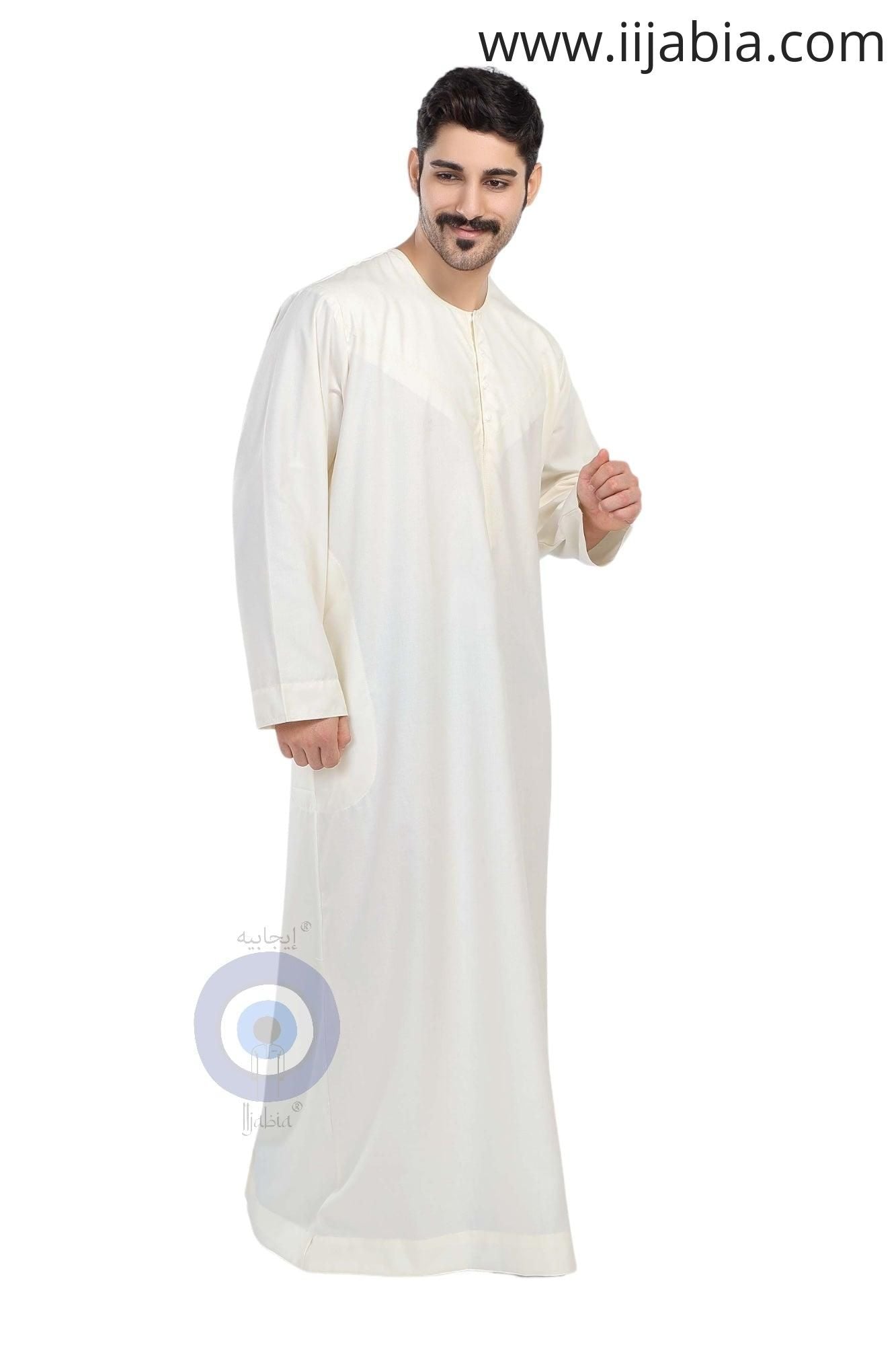 Heavy Fabric Emirati Mens Omani Thobe - Full Sleeves - Cream (International Saudi Size) - IIJABIA