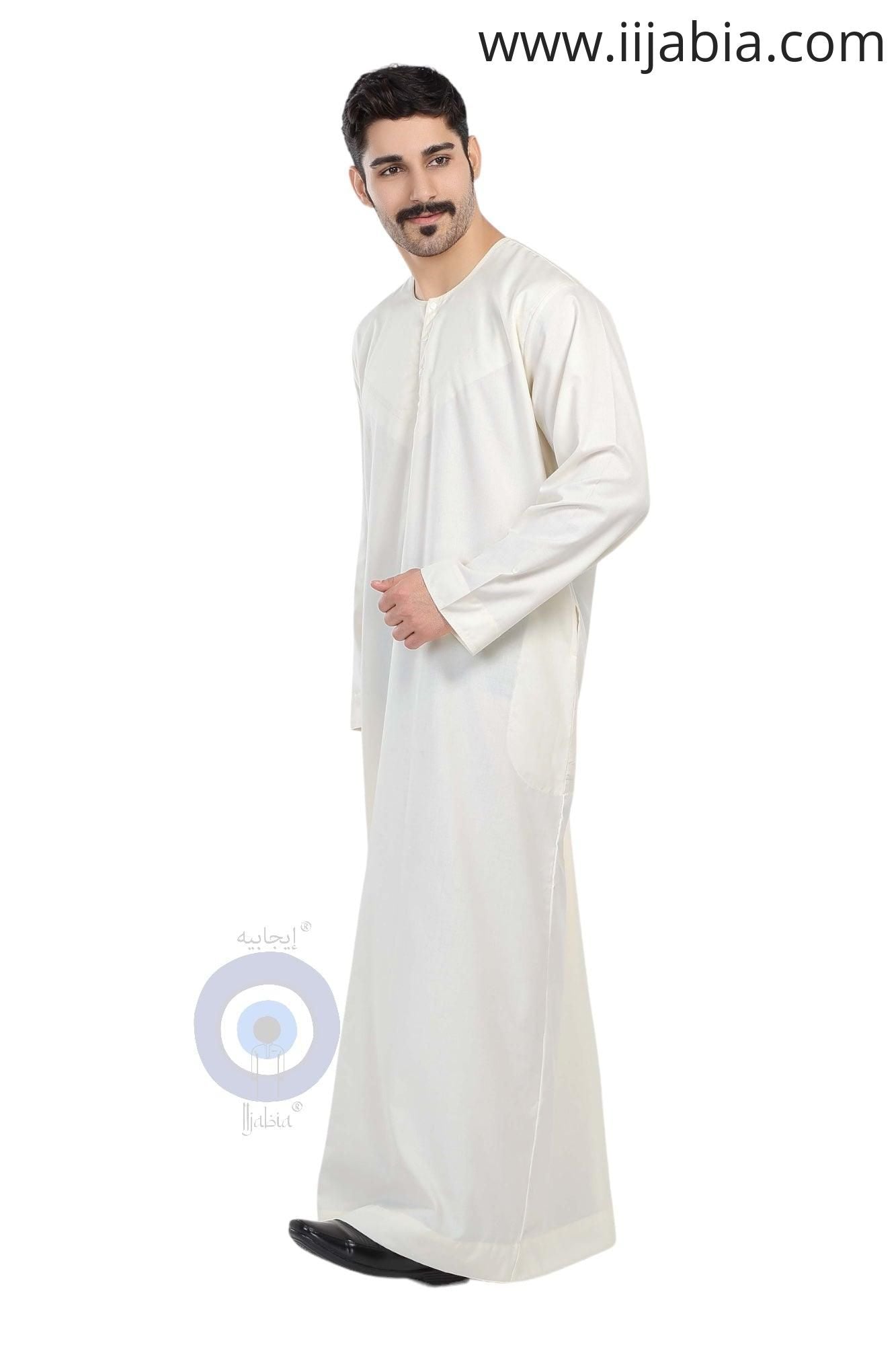 Heavy Fabric Emirati Mens Omani Thobe - Full Sleeves - Cream (International Saudi Size) - IIJABIA