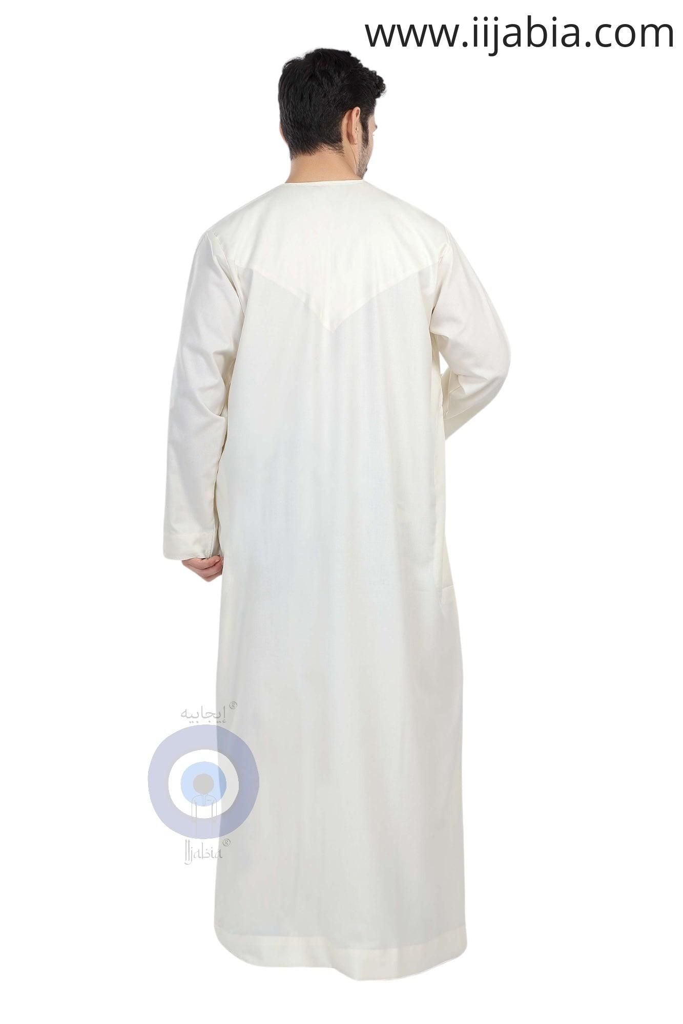 Heavy Fabric Emirati Mens Omani Thobe - Full Sleeves - Cream (International Saudi Size) - IIJABIA