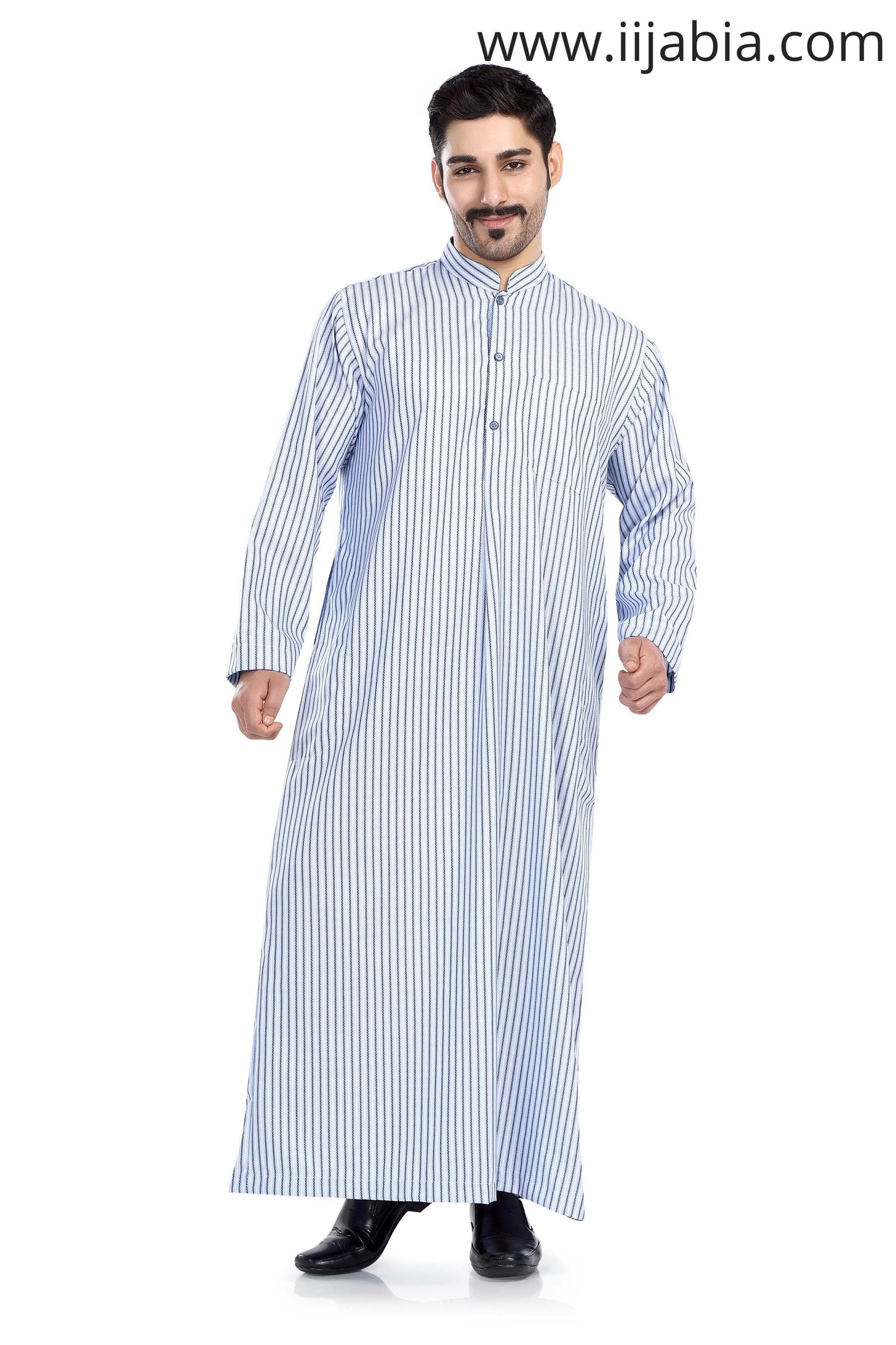 Kuwaiti Collar Mens Thobe - Full Sleeves Stripes - THST - Blue - IIJABIA