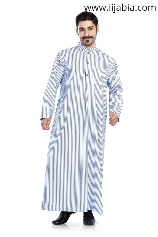 Kuwaiti Collar Mens Thobe - Full Sleeves Stripes - THST - Blue - IIJABIA