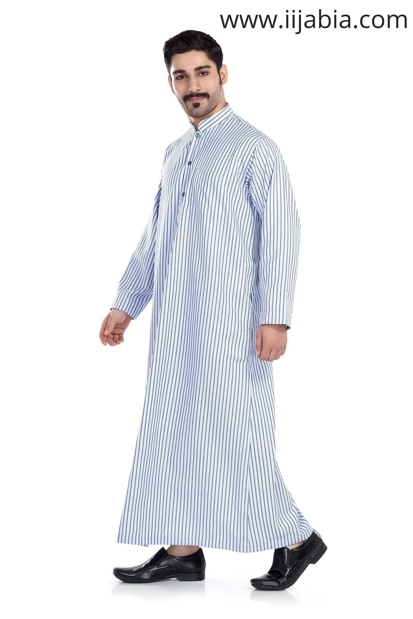 Kuwaiti Collar Mens Thobe - Full Sleeves Stripes - THST - Blue - IIJABIA