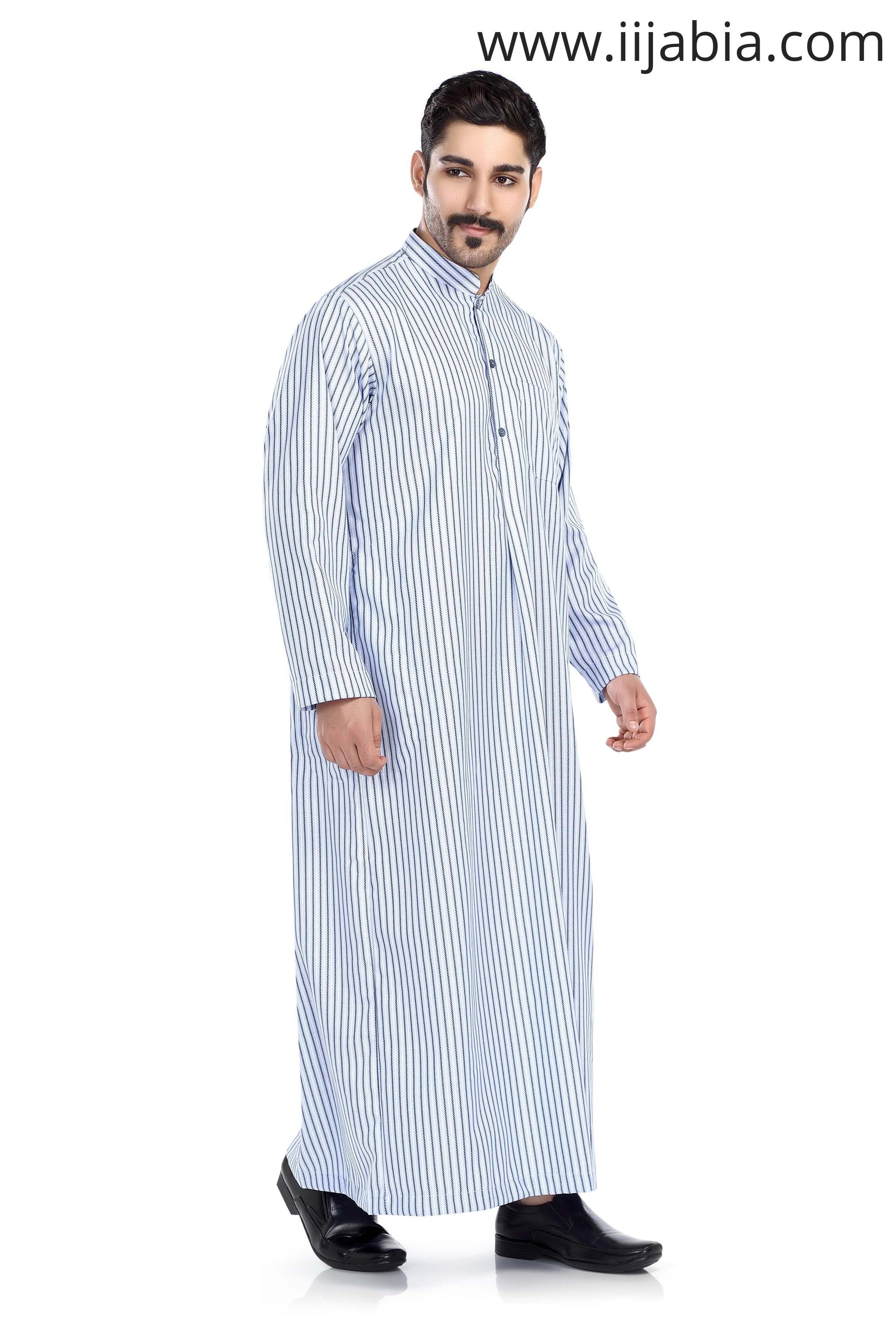 Kuwaiti Collar Mens Thobe - Full Sleeves Stripes - THST - Blue - IIJABIA