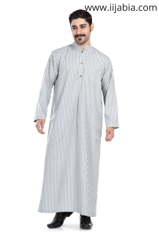 Kuwaiti Collar Mens Thobe - Full Sleeves Stripes - THST - Light Brown stripes (International Saudi Size) - IIJABIA