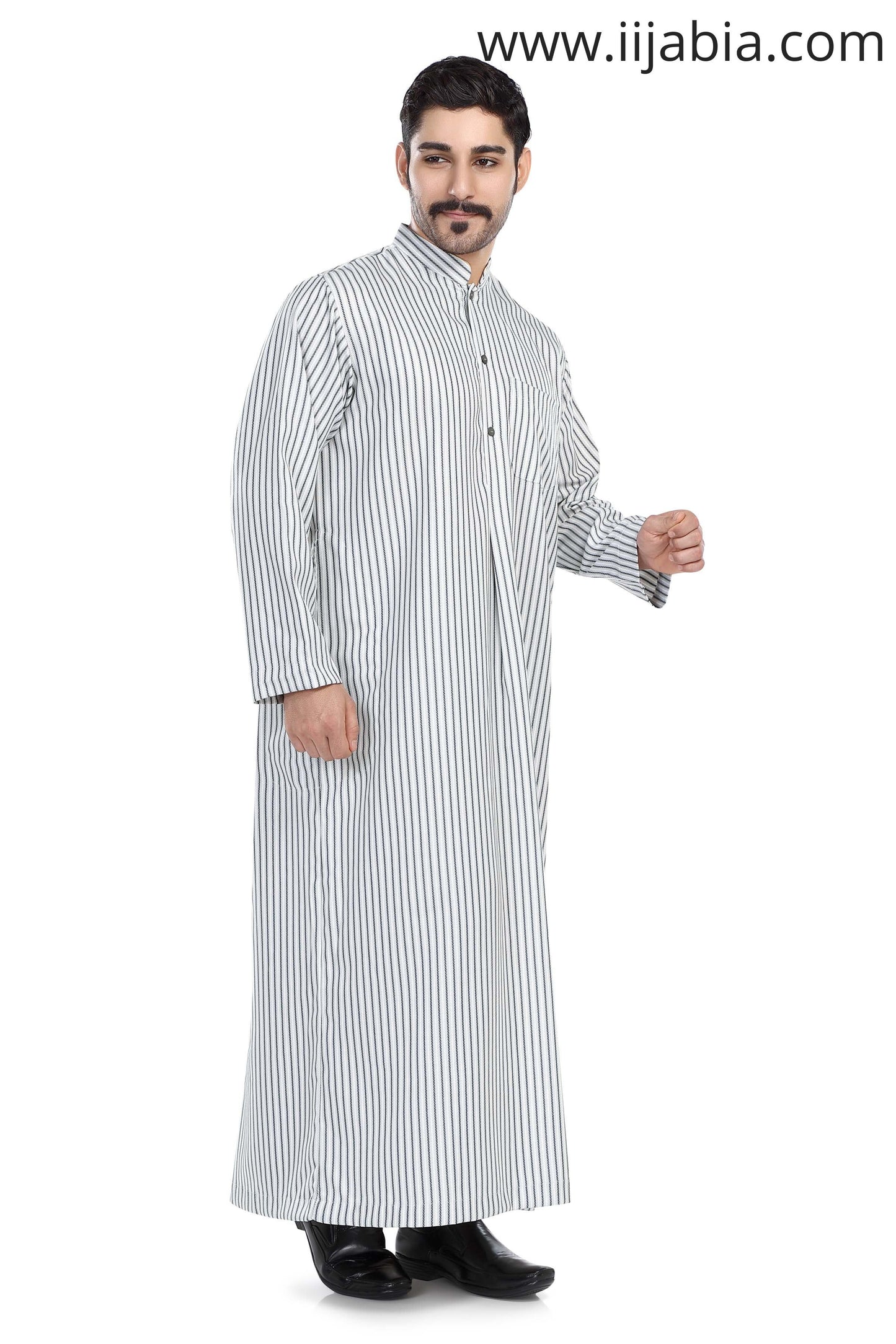 Kuwaiti Collar Mens Thobe - Full Sleeves Stripes - THST - Light Brown stripes (International Saudi Size) - IIJABIA