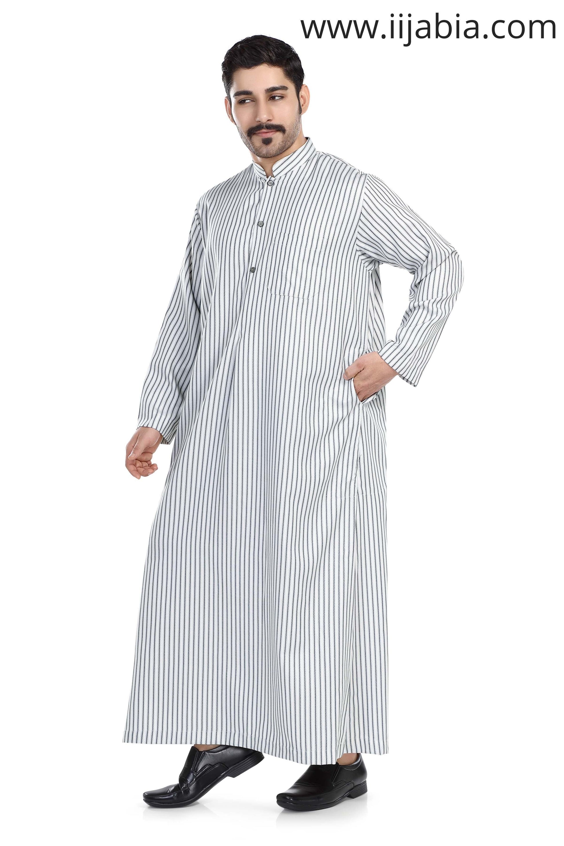 Kuwaiti Collar Mens Thobe - Full Sleeves Stripes - THST - Light Brown stripes (International Saudi Size) - IIJABIA