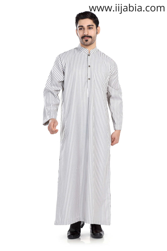 Kuwaiti Collar Mens Thobe - Full Sleeves Stripes - THST - Light Green stripes (International Saudi Size) - IIJABIA