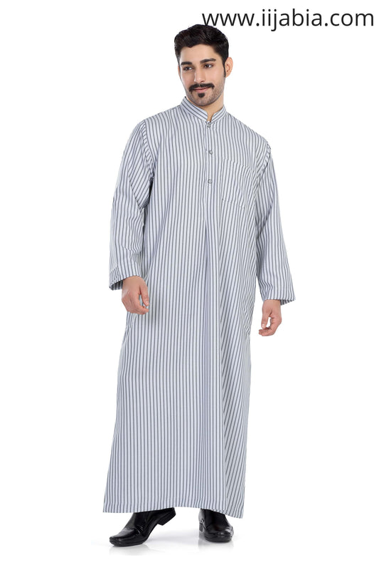 Kuwaiti Collar Mens Thobe - Full Sleeves Stripes - THST - Light Grey(International Saudi Size) - IIJABIA