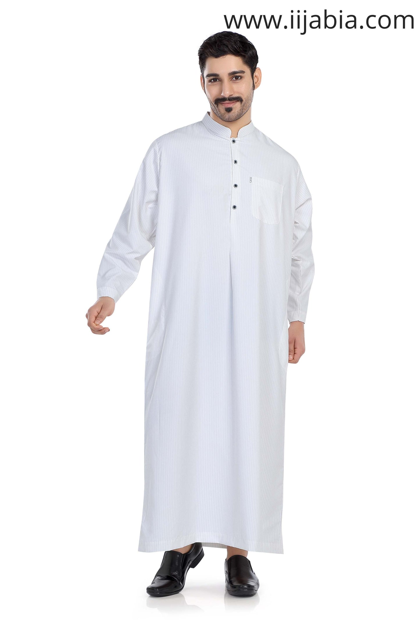 Kuwaiti Collar Mens Thobe - Full Sleeves Thin Stripes - PST - Black (International Saudi Size) - IIJABIA