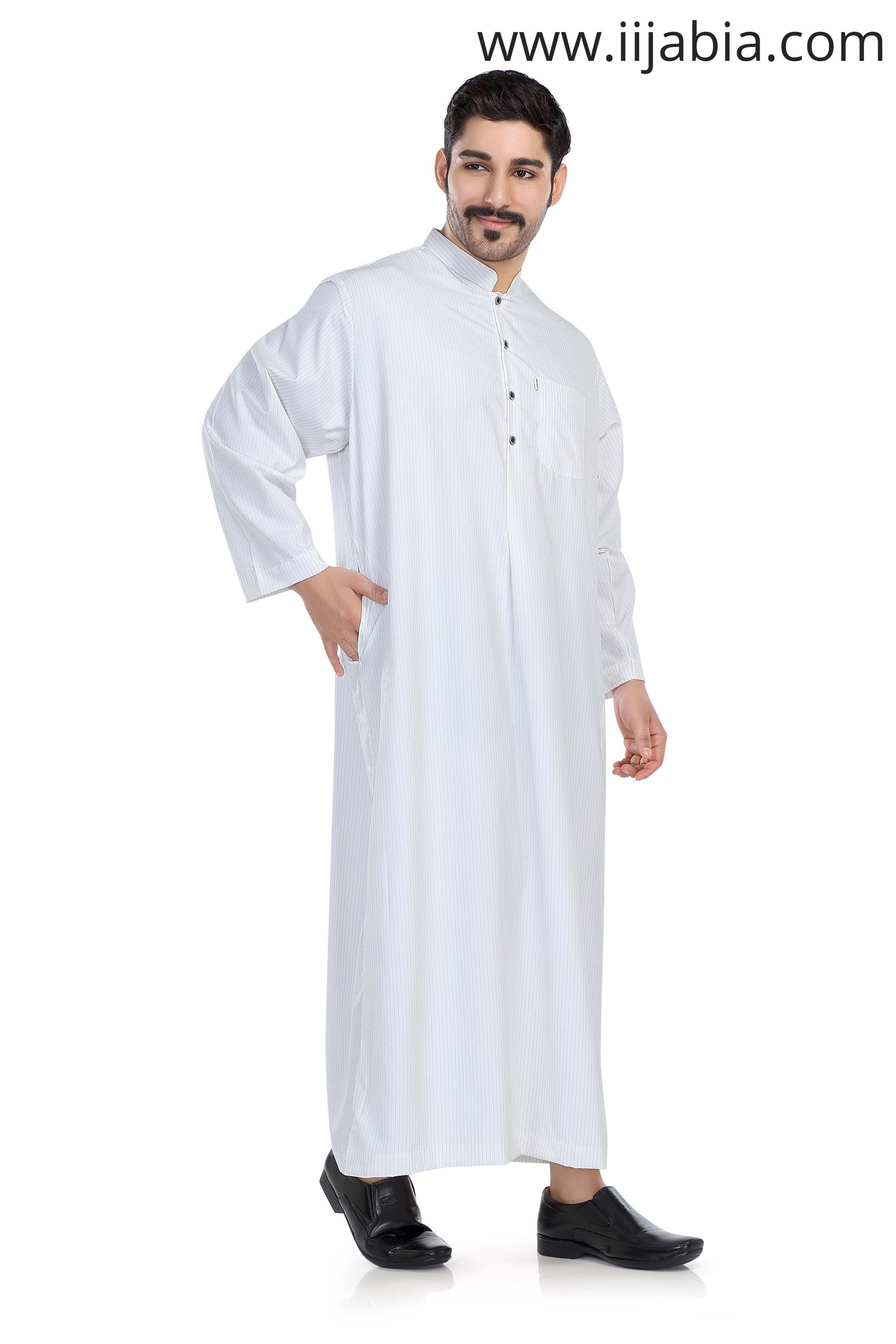 Kuwaiti Collar Mens Thobe - Full Sleeves Thin Stripes - PST - Black (International Saudi Size) - IIJABIA