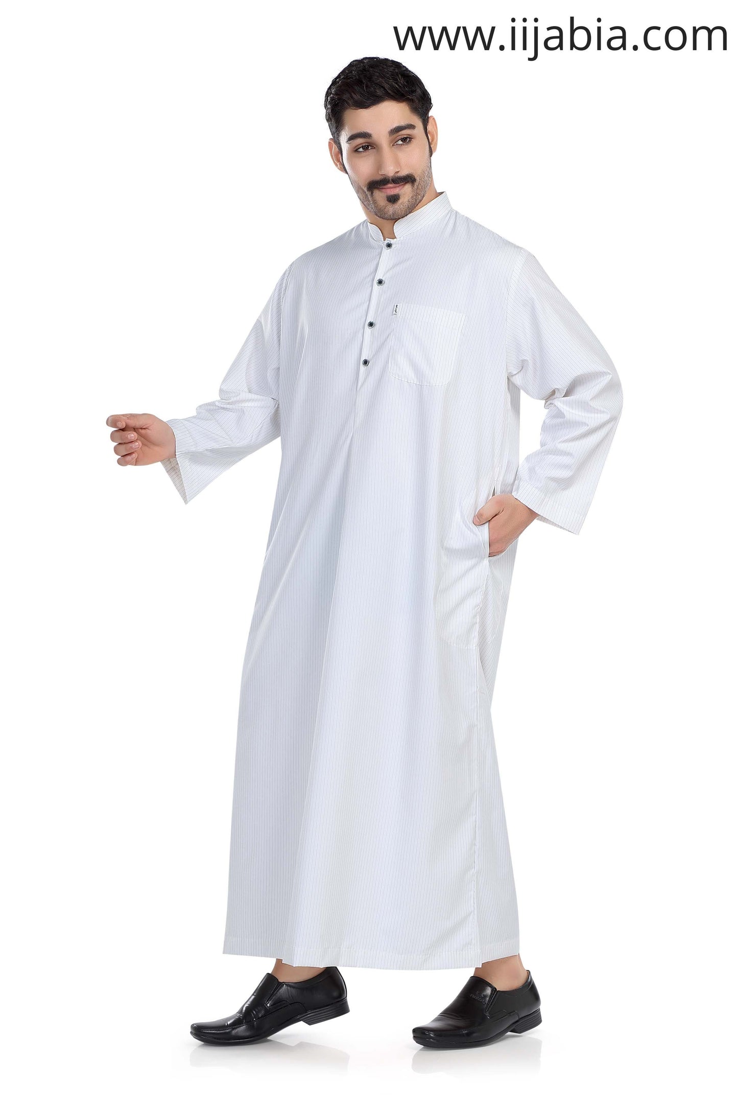 Kuwaiti Collar Mens Thobe - Full Sleeves Thin Stripes - PST - Black (International Saudi Size) - IIJABIA