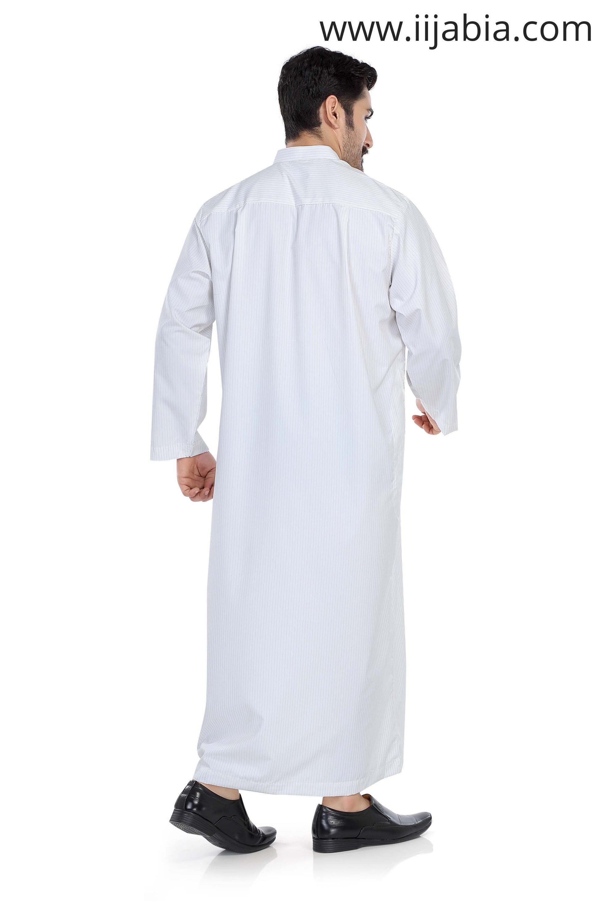 Kuwaiti Collar Mens Thobe - Full Sleeves Thin Stripes - PST - Black (International Saudi Size) - IIJABIA