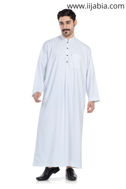 Kuwaiti Collar Mens Thobe - Full Sleeves Thin Stripes - PST - Blue (International Saudi Size) - IIJABIA