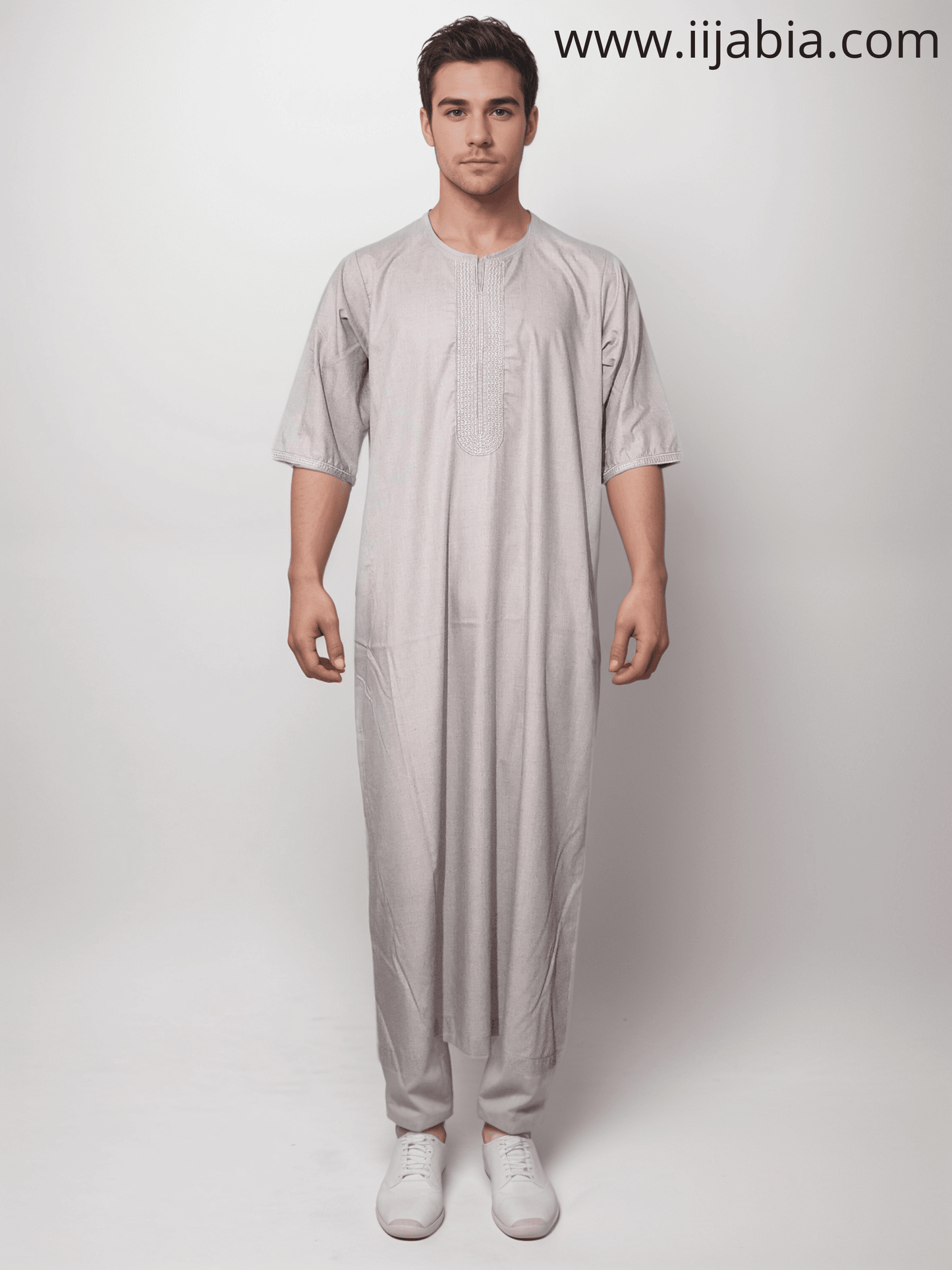 Moroccan Embroidery Mens Thobe - 3/4th Sleeves - Model 2 - IIJM2-13 - IIJABIA